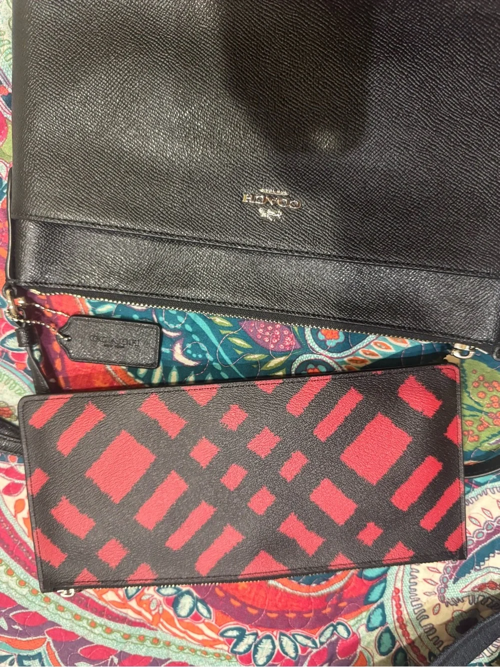 Coach Black Leather Crossbody with Red Chevron Accents
